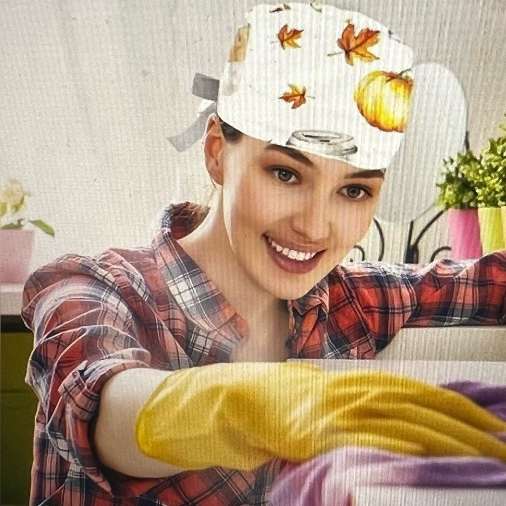 Working Scrub Cap with Ponytail Pouch Autumn Leaves & Pumpkin Print NWOT
